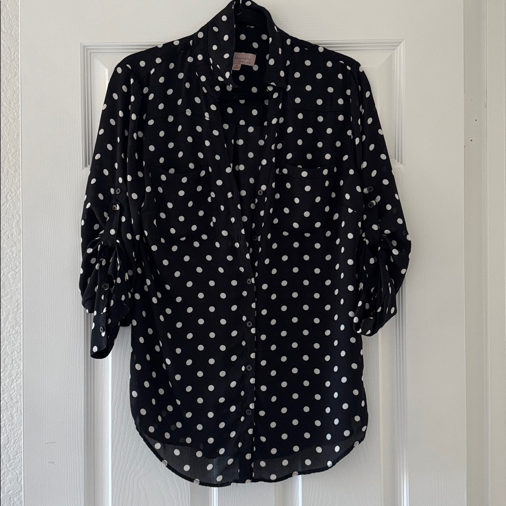 Philosophy Black and White Polka Dot Button Down Women’s Blouse, Size Medium - Picture 2 of 11